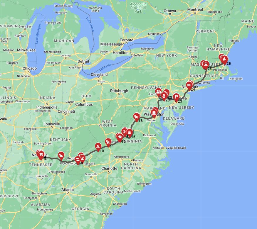 Map for Nashville to Boston